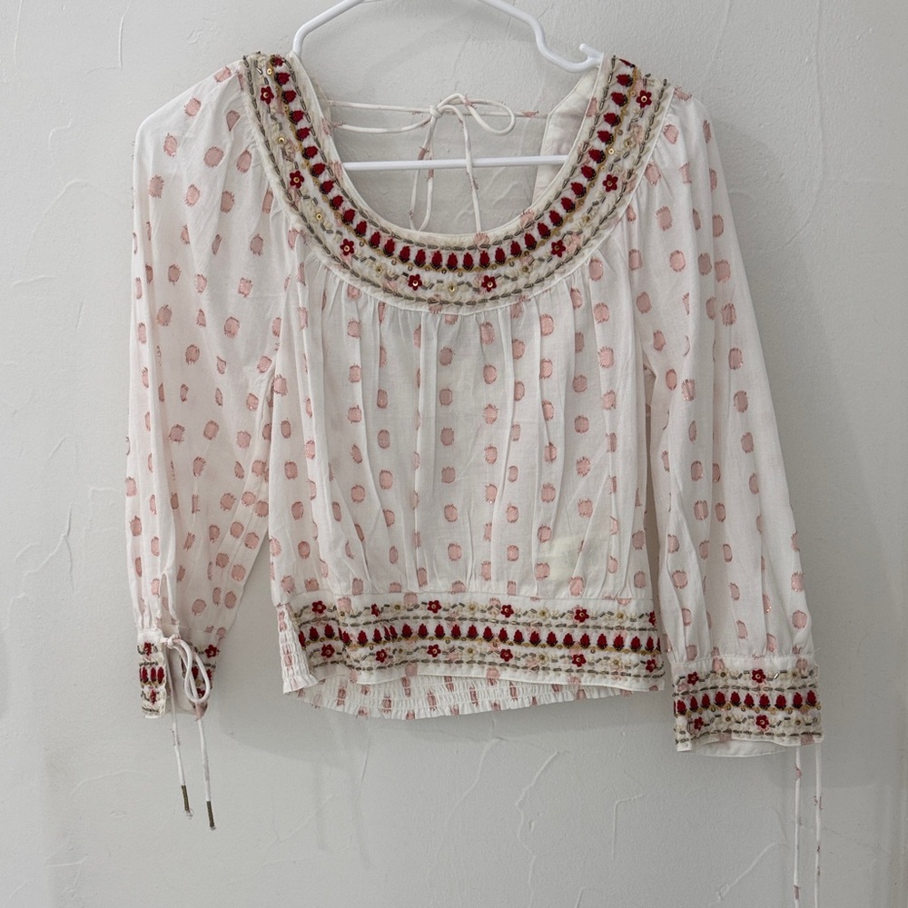 NWT Anthropologie Embroidered Beaded White and Red Women's Top